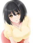  black_hair bob_cut breasts heart heart_necklace highres idolmaster idolmaster_cinderella_girls large_breasts open_mouth short_hair simple_background smile solo takafuji_kako white_background yellow_eyes 