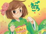  1girl artist_request brown_eyes brown_hair glasses hair_ornament japanese_clothes looking_at_viewer nikki_(swapnote) petals red-framed_glasses sakura_petals smile solo swapnote translation_request 