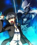  1boy blazblue clenched_hand crossover grey_eyes grey_hair hakumen mask narukami_yuu open_clothes open_jacket open_mouth persona persona_4 popped_collar red_eyes school_uniform short_hair silver_hair sword weapon 