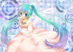  1girl aqua_hair blue_eyes checkered checkered_background dress elbow_gloves gloves hatsune_miku jewelry long_hair necklace open_mouth solo tsukushidango twintails very_long_hair vocaloid wings 