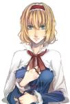  1girl alice_margatroid blonde_hair blue_eyes bow breasts capelet dress hair_bow hairband highres lips ribbon short_hair smile sofy solo string touhou 