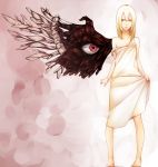  bare_shoulders barefoot blonde_hair dress dress_tug eyeball highres long_hair original red_eyes regura solo wings 