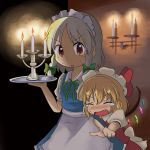  2girls apron blonde_hair blue_dress blush braid candlestick closed_eyes darkness dress eyes_closed fang flandre_scarlet hair_ribbon hat hat_ribbon izayoi_sakuya looking_at_viewer maid maid_headdress mikan_imo multiple_girls open_mouth pointing pointing_at_viewer puffy_sleeves red_eyes ribbon shirt short_sleeves silver_hair skirt sweat tears touhou tray twin_braids waist_apron wings 