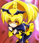  ass bad_end_peace bad_end_precure bat_wings blonde_hair bodysuit dark_persona fingerless_gloves frills gem gloves haruyama ponytail precure shaded_face skirt smile_precure! solo tiara wings yellow_eyes 