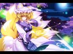 1girl animal_ears blonde_hair cherry_blossoms hat highres lens_flare letterboxed looking_at_viewer magic moneti_(daifuku) moon multiple_tails night night_sky open_mouth petals sky solo stairs star_(sky) tail touhou yakumo_ran yellow_eyes 