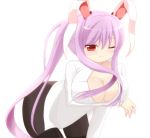  1girl animal_ears breasts bunny_ears chimunge cleavage dress_shirt lavender_hair leaning_forward long_hair pantyhose ponytail rabbit_ears red_eyes reisen_udongein_inaba shirt smile solo touhou wink 