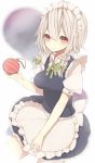  1girl apron baibai08 bow braid hair_bow hair_ribbon izayoi_sakuya maid maid_headdress red_eyes ribbon short_hair silver_hair smile solo touhou twin_braids 