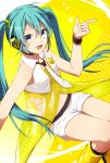  1girl akatsuki_(4941086) aqua_hair blue_eyes copyright_name hatsune_miku headset kneehighs long_hair looking_at_viewer navel necktie open_mouth shorts solo twintails vocaloid yellow_(vocaloid) 
