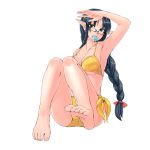  arm_up armpits barefoot bikini black_hair blue_eyes braid elf feet glasses highres mouth_hold original pointy_ears ponytail popsicle ryou@ryou solo swimsuit 