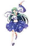  1girl boots breasts clearite detached_sleeves frog_hair_ornament gohei green_hair hair_ornament hair_tubes highres kochiya_sanae large_breasts long_hair midriff ofuda open_mouth skirt snake_hair_ornament solo touhou yellow_eyes 