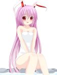  1girl animal_ears blush breasts bunny_ears chimunge cleavage lavender_hair long_hair naked_towel open_mouth pink_eyes rabbit_ears reisen_udongein_inaba sitting smile solo touhou towel very_long_hair 
