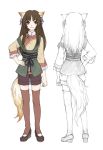  1girl animal_ears brown_hair copyright_request fox_ears fox_tail fukuhana_(acea4) fuuka_(fukasheu) long_hair looking_at_viewer original red_eyes simple_background smile solo tail turnaround white_background 