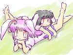  2girls animal_ears arm_support barefoot black_hair bunny_ears bunny_tail inaba_tewi leg_up long_hair lying mikashimo multiple_girls on_person on_stomach pink_hair puffy_sleeves rabbit_ears red_eyes reisen_udongein_inaba shirt short_sleeves skirt smile tail touhou 