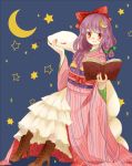 1girl alternate_costume alternate_hairstyle book bow crescent hair_bow hair_ornament hair_ribbon japanese_clothes kimono lelut long_hair moon patchouli_knowledge purple_hair red_eyes ribbon smile snake solo star touhou 