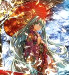  1girl flower green_hair hair_flower hair_ornament hatsune_miku japanese_clothes kimono komecchi long_hair looking_at_viewer obi oriental_umbrella smile solo twintails umbrella very_long_hair vocaloid 