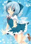  1girl ;d blue_eyes blue_hair cirno highres oniku-chan open_mouth short_hair smile solo touhou wings wink 