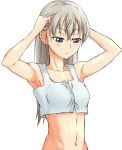  1girl armpits arms_up blush breasts eila_ilmatar_juutilainen eiraprpr long_hair navel purple_eyes silver_hair solo strike_witches violet_eyes 