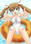  1girl brown_hair dog_days fuuma_nagi green_eyes highres innertube long_hair one-piece_swimsuit outstretched_arms rebecca_anderson revision solo swimsuit water white_swimsuit 