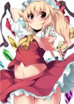  1girl :3 arm_behind_head ascot blonde_hair blush flandre_scarlet hat hat_ribbon long_hair midriff navel outstretched_arm outstretched_hand red_eyes ribbon side_ponytail simple_background skirt skirt_set solo takashiru touhou white_background wings 