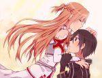  1boy 1girl asuna_(sao) bare_shoulders black_eyes black_hair blush breastplate brown_hair closed_eyes couple detached_sleeves eyes_closed fingerless_gloves forehead_kiss gloves karudoll kirito kiss long_hair short_hair sword_art_online yuuki_asuna 