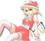  1girl ascot blonde_hair fang flandre_scarlet garter_straps hat hat_ribbon low_wings open_mouth parted_lips red_eyes revision ribbon shamo_(koumakantv) short_hair side_ponytail simple_background skirt skirt_set solo touhou white_background white_legwear wings wrist_cuffs 