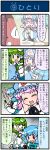  &#9320; 3girls 4koma artist_self-insert blue_dress blue_hair blush breasts cellphone clenched_teeth closed_eyes comic dress eyes_closed frog_hair_ornament green_eyes green_hair hair_ornament hand_on_own_cheek hands_clasped hat heterochromia highres juliet_sleeves karakasa_obake kochiya_sanae large_breasts long_sleeves mizuki_hitoshi multiple_girls open_mouth phone pink_eyes pink_hair puffy_sleeves real_life_insert saigyouji_yuyuko sash smile snake_hair_ornament tatara_kogasa touhou translated translation_request triangular_headpiece umbrella veil wide_sleeves 