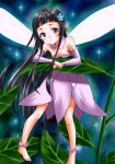  1girl aira_(jwgt) anklet barefoot black_eyes black_hair detached_sleeves down_blouse dress fairy fairy_wings flower hair_flower hair_ornament highres jewelry leaf long_hair minigirl sparkle sword_art_online wings yui_(sao) yui_(sao-alo) 