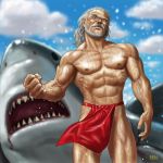  1boy abs aqua_eyes clenched_hand cloud clouds dated facial_hair fundoshi goatee grey_hair looking_at_viewer male manly matataku muscle old_man original raised_eyebrow shark shirtless signature sky solo wet 