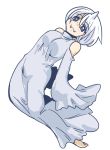  1girl :3 bare_shoulders barefoot blue_eyes blush breasts detached_sleeves dewgong dress fangs horn personification pokemon pokemon_(game) seki_(red_shine) short_hair solo white_dress white_hair 