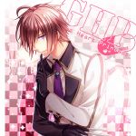  1boy blue_eyes brown_hair checkered checkered_background colored_eyelashes formal glass_heart_princess gloves male masaki_shinnosuke necktie pointing smile solo suit title_drop yamika 