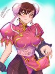  1girl alternate_color black_legwear bracelet breasts brown_eyes brown_hair bun_cover china_dress chinese_clothes chun-li dated double_bun dress dress_lift earrings jewelry large_breasts pantyhose puffy_sleeves short_hair smile solo spiked_bracelet spikes street_fighter zero_hime 