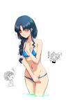  0_0 3girls bikini blue_hair blush bow breasts closed_eyes covering covering_crotch embarrassed eyes_closed flying_sweatdrops fujiwara_aya hair_bow hairu hand_on_own_chest hayasaka_akira long_hair mound_of_venus multiple_girls navel o_o open_mouth ponytail short_hair simple_background super_real_mahjong swimsuit toono_mizuki under_boob underboob wading water white_background 