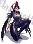  bayonetta bayonetta_(character) black_hair blue_eyes bodysuit breasts cleavage cleavage_cutout elbow_gloves female glasses gloves hair_bun hair_ribbon highres kneeling large_breasts lips lipstick long_hair makeup mole one_knee red_ribbon ribbon solo thick_thighs thighs updo very_long_hair zero_hime zerohime_(pixiv1491159) 