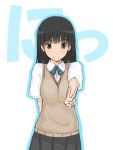  1girl amagami ayatsuji_tsukasa black_hair blush bow brown_eyes long_hair looking_at_viewer glasses_chuu morishima_haruka school_uniform simple_background skirt smile solo sweater_vest v vest white_background 