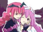  2girls bad_end_happy bad_end_precure bat_wings bodysuit cure_happy dark_persona fingerless_gloves frills gem gloves hand_on_another&#039;s_face hand_on_another's_face highres hoshizora_miyuki licking magical_girl multiple_girls open_mouth pink_eyes pink_hair precure sketch smile_precure! suna_nezumi tears tiara tongue tongue_out wings wink 