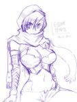 1girl breasts cleavage dated dungeons_and_dragons hood large_breasts midriff monochrome moriah navel scarf short_hair signature sketch solo thief vambraces zero_hime 