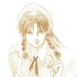  1girl braid face hong_meiling long_hair looking_at_viewer masa_takeaki monochrome pointy_ears sepia smile solo touhou twin_braids white_background 