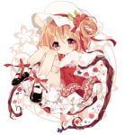  1girl adapted_costume ankle_cuffs blonde_hair bloomers blush dress flandre_scarlet flower frills hat highres jewelry leg_hug mary_janes morinaga_kobato necklace pearl red_eyes shoes short_hair side_ponytail solo touhou 