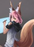  1girl animal_ears arceonn bare_shoulders drawing fox_ears fox_tail headphones highres hood_down monitor multiple_tails nia_(arceonn) original pink_hair short_hair simple_background solo stylus tail yellow_eyes 