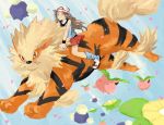  1girl arcanine blue_(pokemon) brown_eyes brown_hair flower hat hoppip jumpluff kuensan124 loose_socks pokemon pokemon_(creature) pokemon_(game) pokemon_frlg porkpie_hat riding skiploom skirt socks tail 