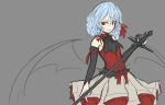  1girl arceonn ascot bare_shoulders blue_hair bridal_gauntlets corset detached_sleeves flat_chest hair_ribbon highres no_hat no_headwear red_eyes remilia_scarlet ribbon short_hair skirt smile solo sword touhou weapon wings work_in_progress 