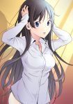  1girl akiyama_mio black_hair blue_eyes bottomless dress_shirt hands_in_hair k-on! long_hair looking_at_viewer naked_shirt nishiuri_warito open_mouth shadow shirt solo 