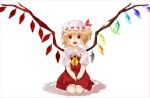  1girl blonde_hair border dress fang flandre_scarlet hands_on_lap hat hat_ribbon kabasaki looking_at_viewer mob_cap open_mouth red_eyes ribbon short_hair short_sleeves side_ponytail simple_background sitting solo sort_sleeves touhou wariza white_background wings wrist_cuffs 