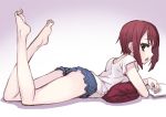  1girl bare_legs barefoot book brown_hair green_eyes kousaka_yukiho legs_up looking_at_viewer love_live!_school_idol_project lying matsuryuu on_stomach open_book open_mouth pillow rough short short_hair short_shorts shorts solo toes 