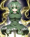  1girl breasts crossed_arms dress electricity feiton ghost_tail green_dress green_eyes green_hair hat large_breasts long_sleeves short_hair smile soga_no_tojiko solo tate_eboshi touhou 