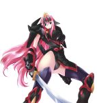  1girl animal_on_head bird blue_eyes breasts from_below haganef huge_breasts jinrai katana long_hair mecha_musume open_mouth pink_hair sheath simple_background solo super_robot_wars sword the_2nd_super_robot_wars_og thigh-highs thighhighs thighs very_long_hair weapon white_background 