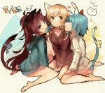  3girls :3 animal_ears blonde_hair blue_eyes blue_hair cat_ears cat_tail dress_shirt drill_hair fish hair_in_mouth hair_ribbon heart hoodie jacket kemonomimi_mode long_hair mahou_shoujo_madoka_magica miki_sayaka multiple_girls no_pants panties red_eyes redhead ribbon sakura_kyouko shin_(hetaling) shirt short_hair sitting sketch striped striped_panties tail tail_ribbon tomoe_mami twin_drills underwear wariza yellow_eyes 