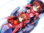  2girls blue_eyes blush brown_hair evangelion:_3.0_you_can_(not)_redo eyepatch glasses hairband long_hair looking_at_viewer makinami_mari_illustrious multiple_girls neon_genesis_evangelion plugsuit rebuild_of_evangelion red-framed_glasses ryoumoto_ken semi-rimless_glasses shikinami_asuka_langley sitting smile soryu_asuka_langley souryuu_asuka_langley twintails under-rim_glasses 