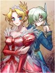  1boy 1girl back-to-back blonde_hair blue_eyes blush breasts corset dress gown green_hair headdress large_breasts original payot red_dress short_hair short_sword sword weapon zero_hime 