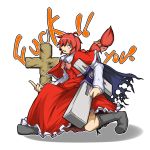  1girl boots bow cape capelet cross dress english grin hair_bow highres kneeling long_hair middle_finger okazaki_yumemi ototobe parody red_eyes red_hair redhead simple_background smile solo touhou touhou_(pc-98) trigun weapon white_background 